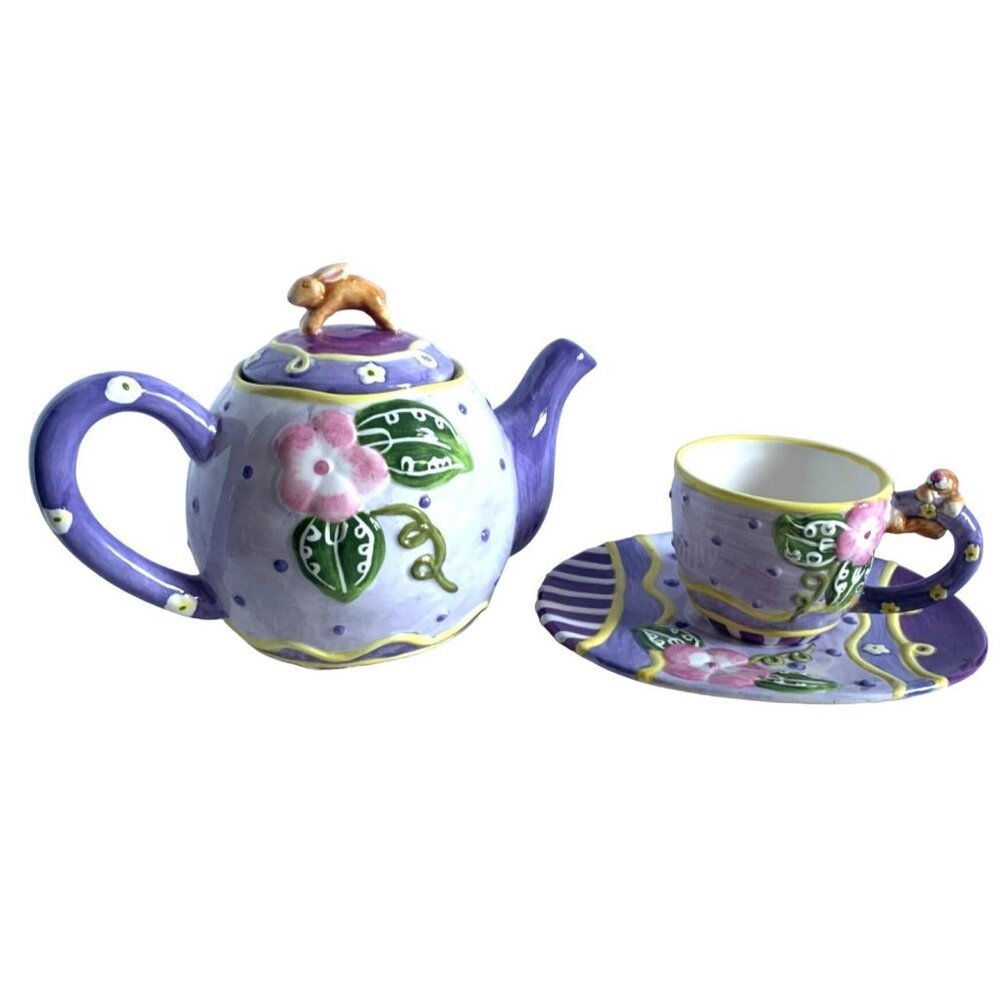 Home Interiors Bunny Teapot with Cup and Saucer Set
